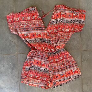 Peppermint Romper Women Medium Red Elephant Boho Print Wrap Neck P1152 Excellent